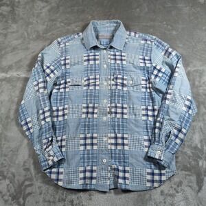 Karen Scott Button Up Shirt Womens Medium Blue Patchwork Plaid Cottagecore Boho